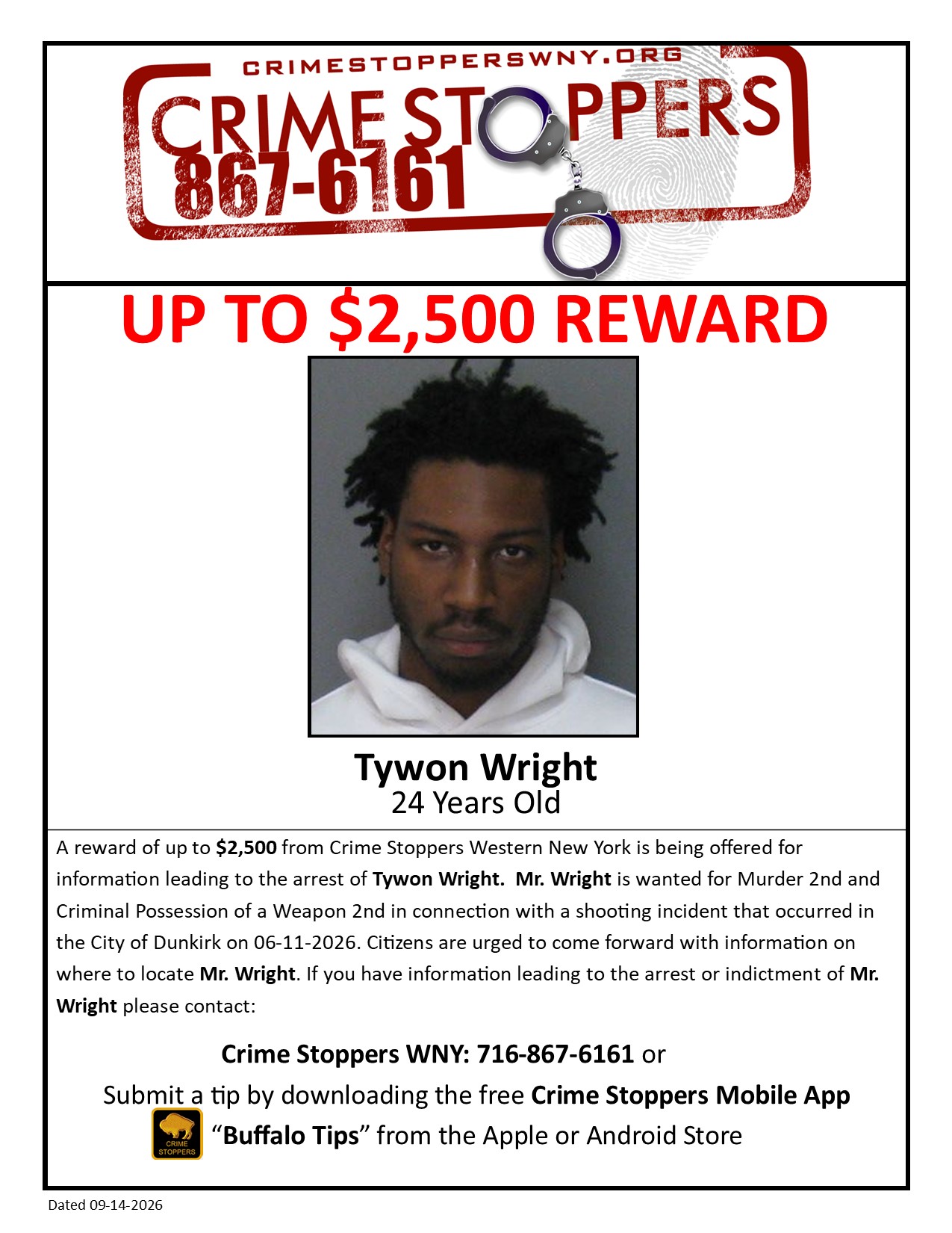 🚨 WANTED: Crime Stoppers Offers Up to $2,500 Reward for Tywon Wright
